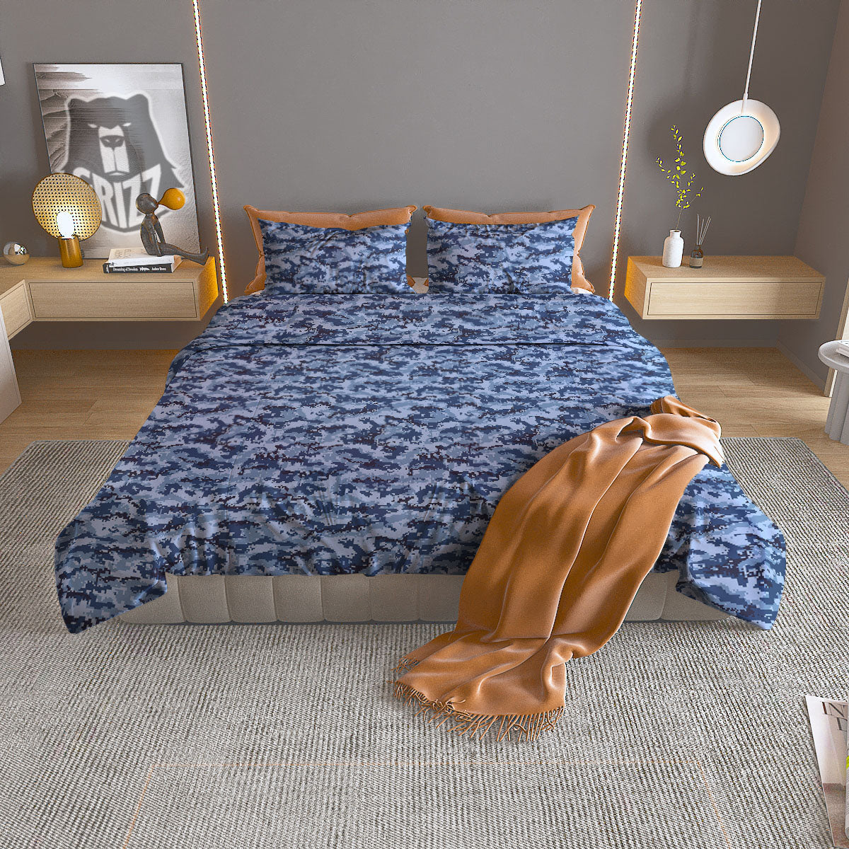 Digital Camo Blue Print Pattern Duvet Cover Bedding Set