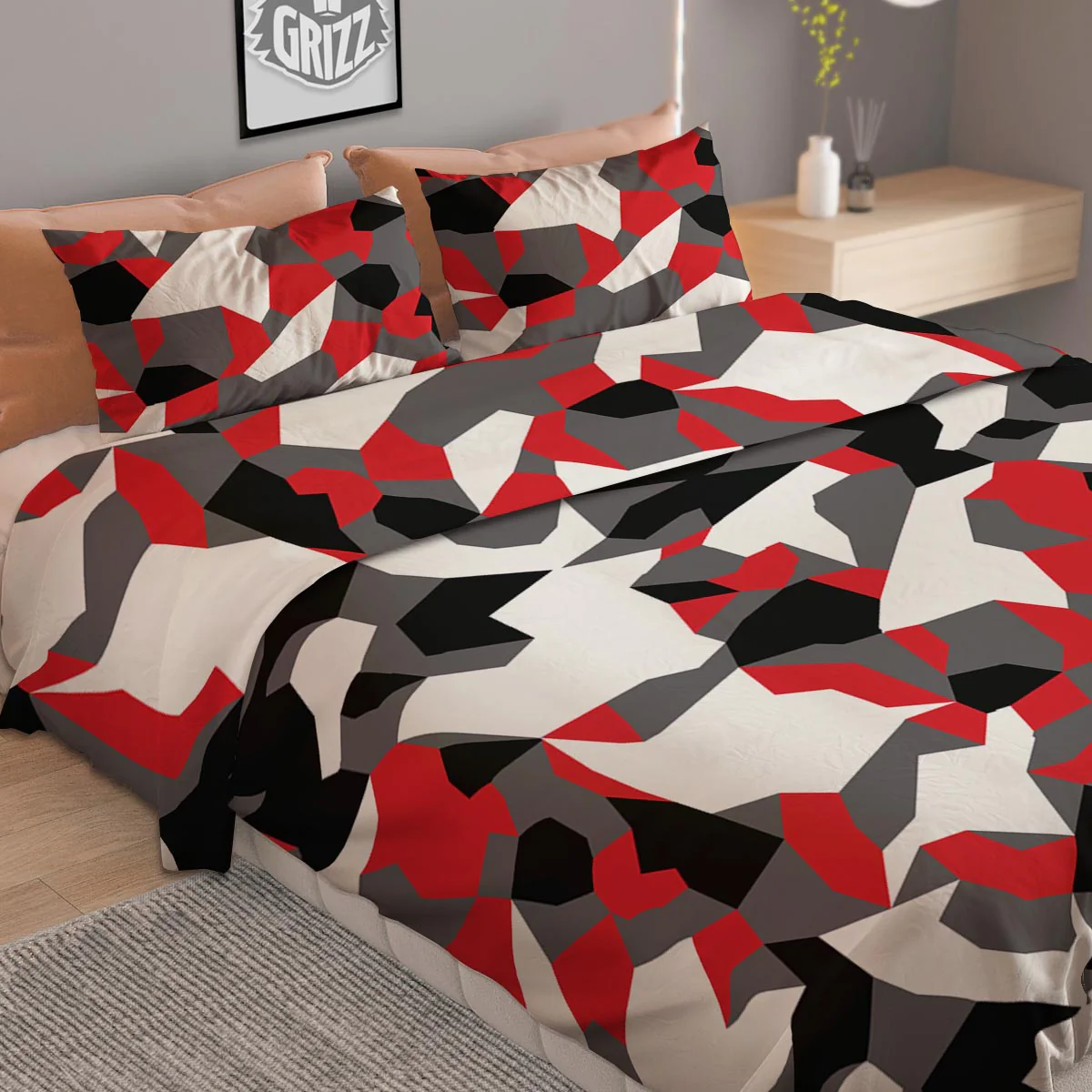 Digital Camo Grey And Red Print Pattern Duvet Cover Bedding Set - Image 2