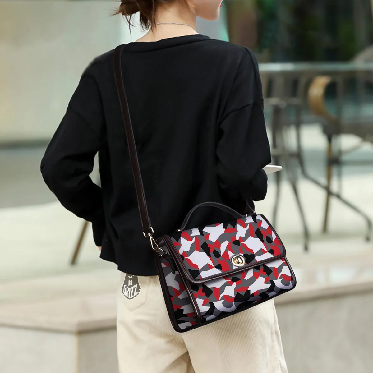Digital Camo Grey And Red Print Pattern Women's Satchel Bag - Image 3