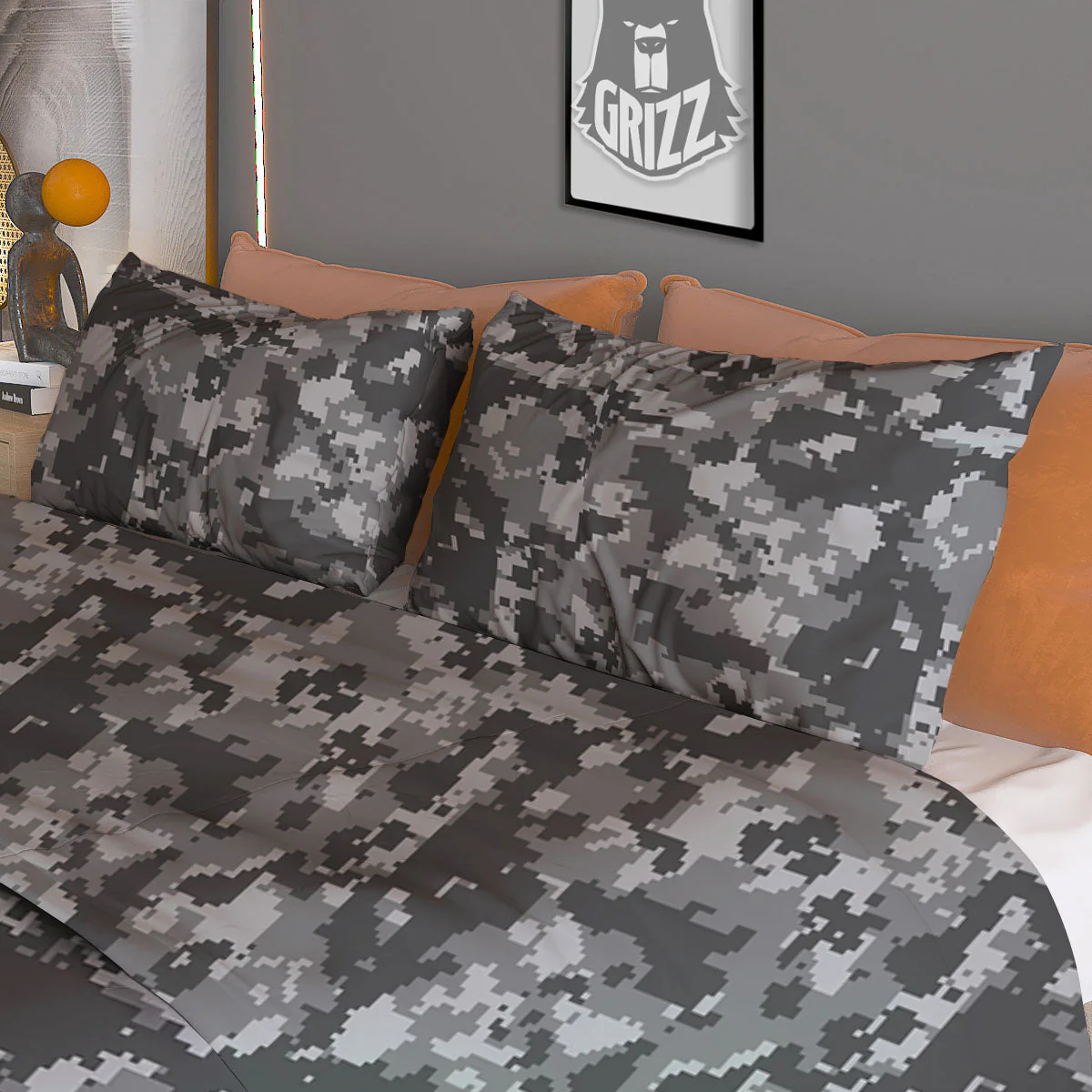 Digital Camo Grey Print Pattern Duvet Cover Bedding Set - Image 3