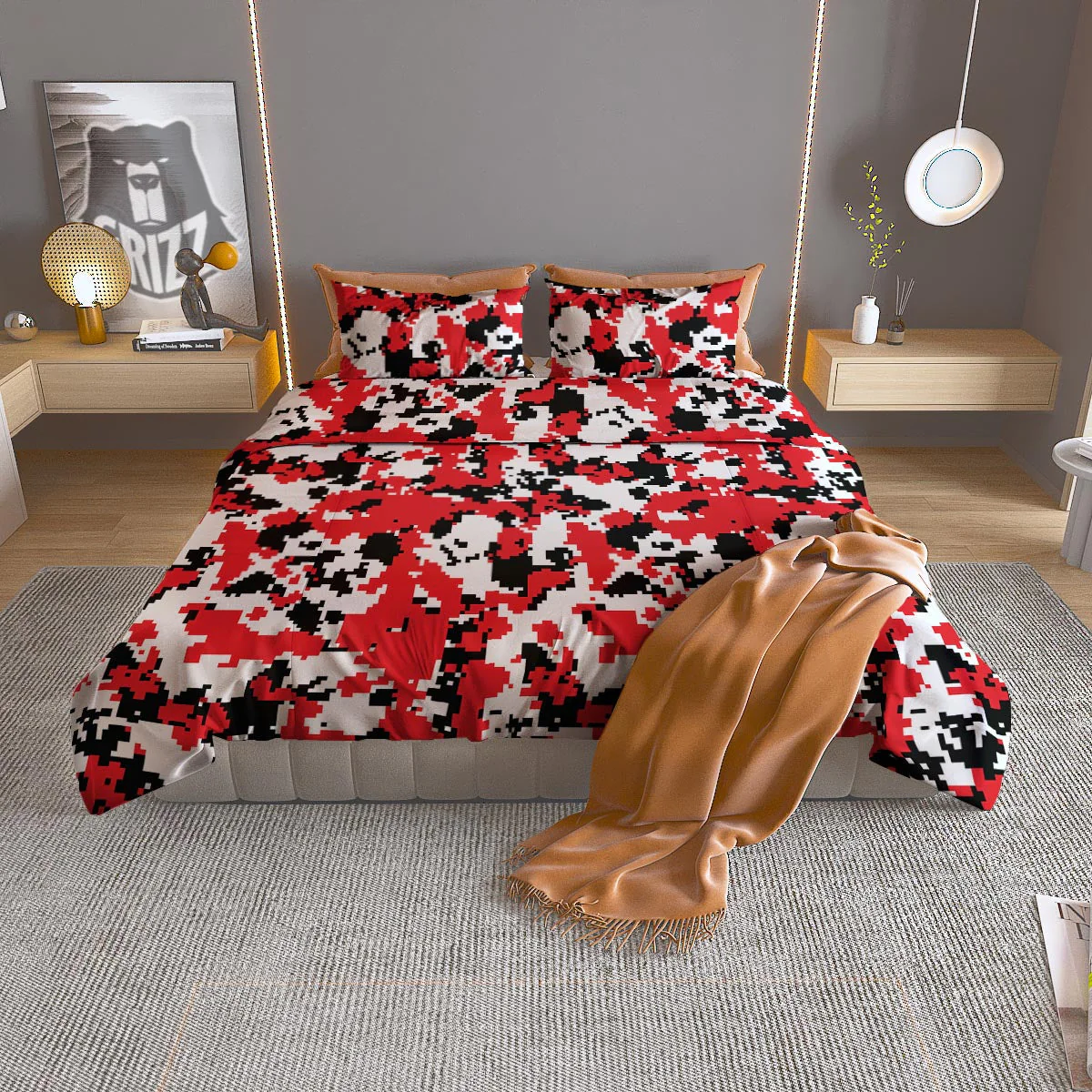 Digital Camo Red White And Black Print Pattern Duvet Cover Bedding Set