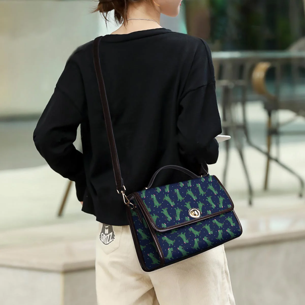 Dino T-Rex Christmas Santa Claus Print Pattern Women's Satchel Bag - Image 3