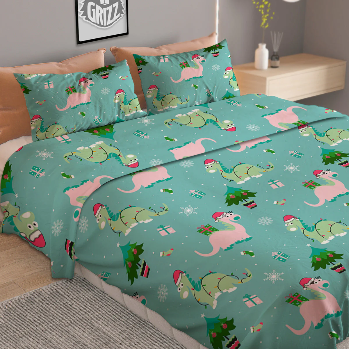 Dinosaur Xmas Print Pattern Duvet Cover Bedding Set - Image 2