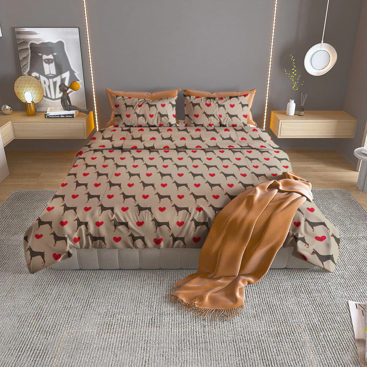 Dobermann Heart Print Pattern Duvet Cover Bedding Set