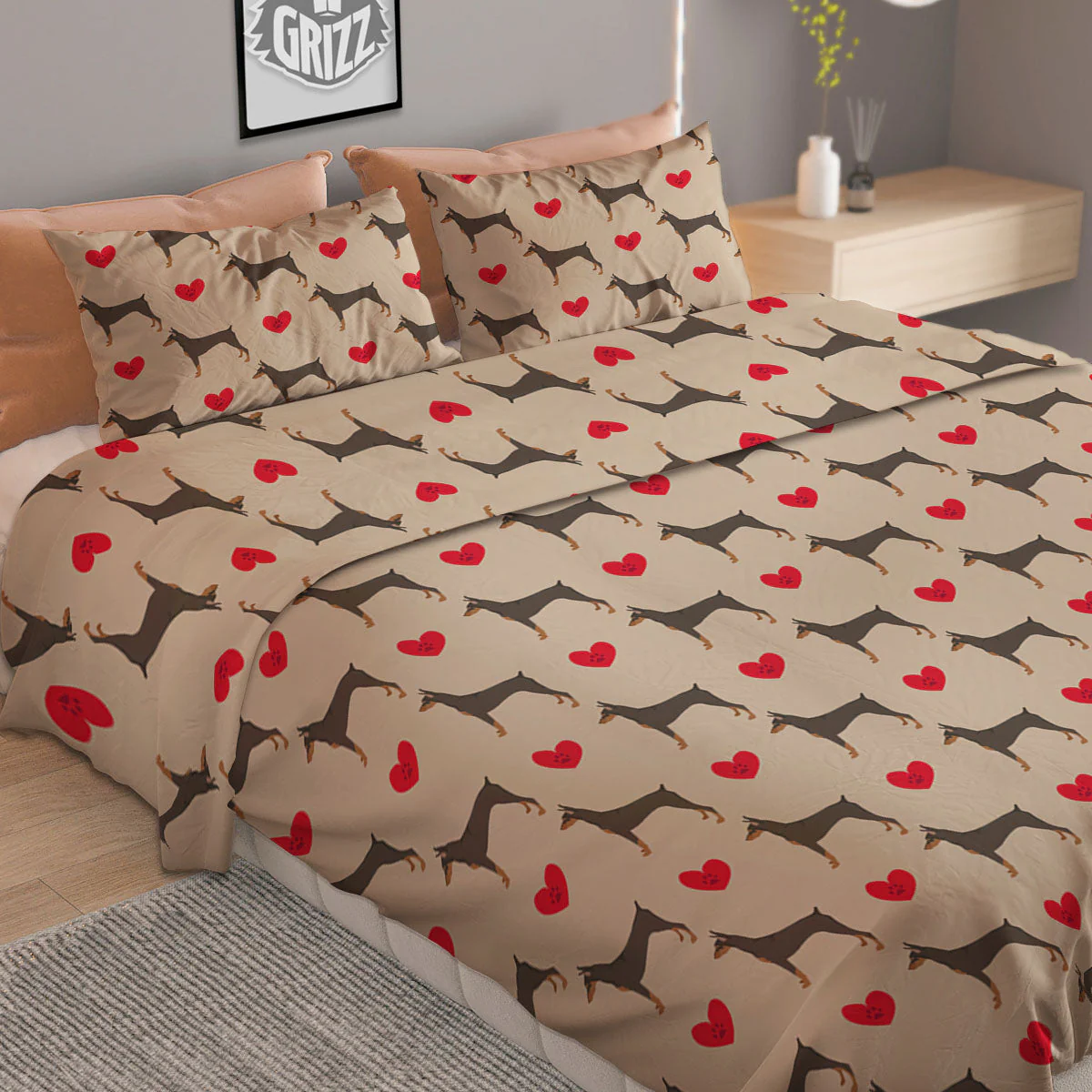 Dobermann Heart Print Pattern Duvet Cover Bedding Set - Image 2