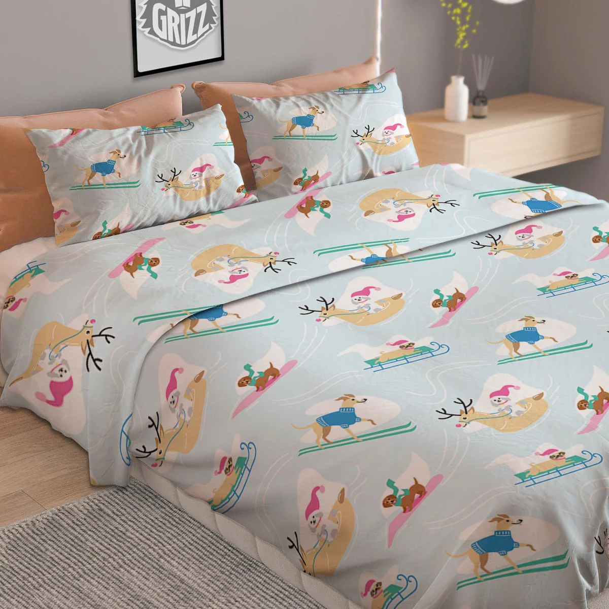 Dog Skiing Print Pattern Duvet Cover Bedding Set - Image 2