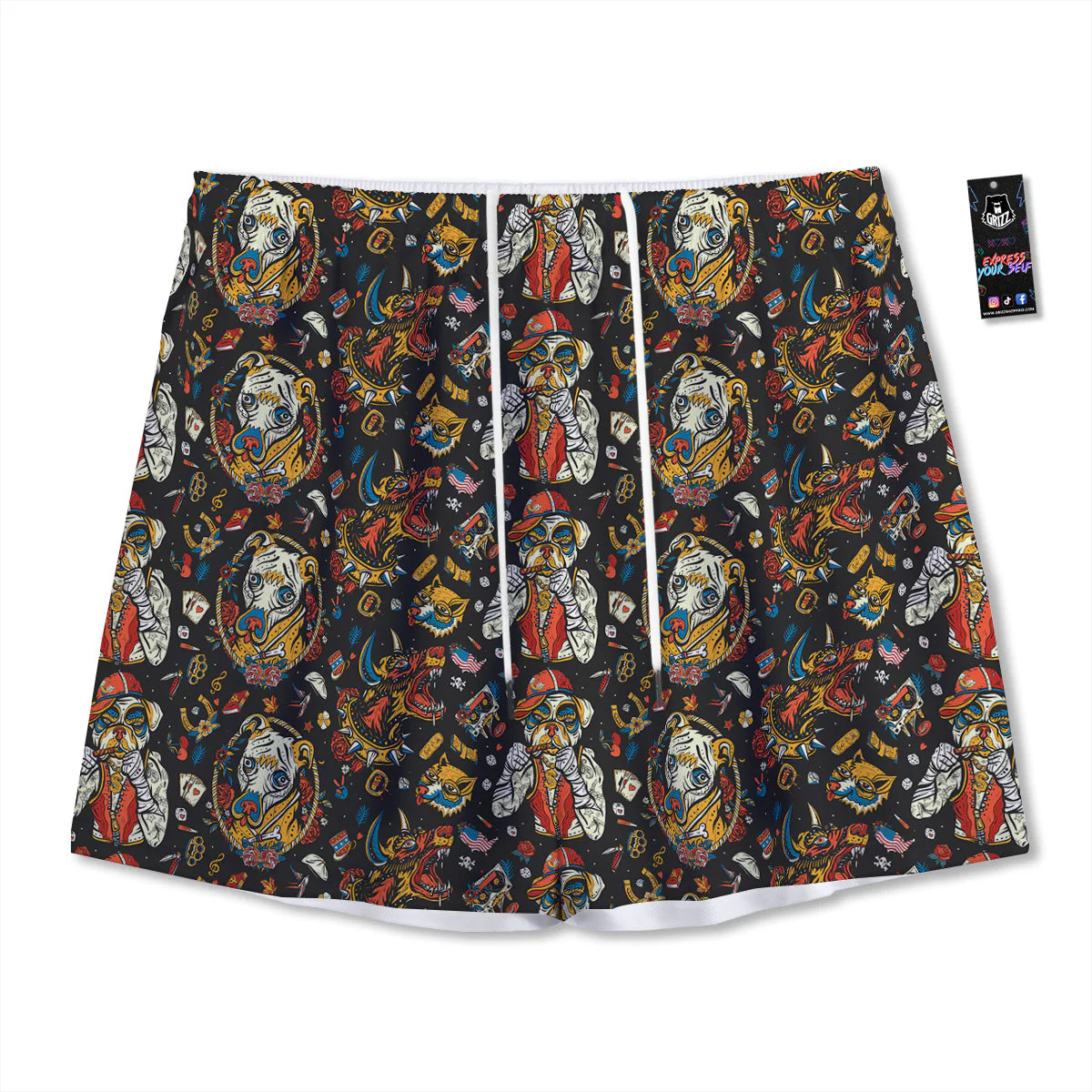 Dogs Old School Tattoo Print Pattern Mesh Shorts