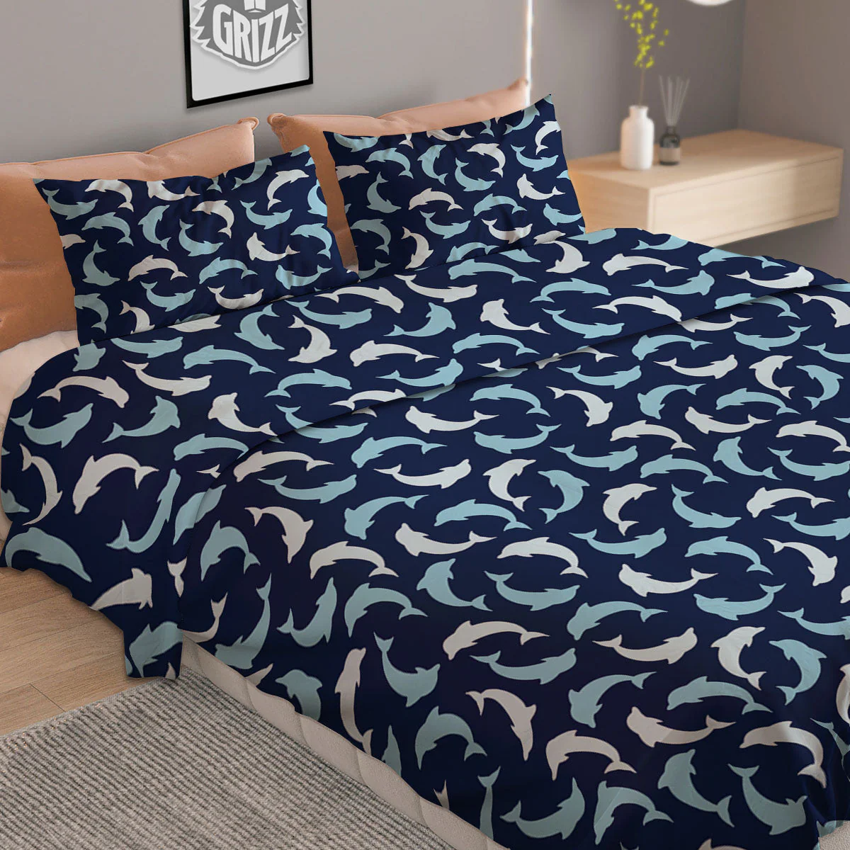 Dolphin Dark Blue Print Pattern Duvet Cover Bedding Set - Image 2
