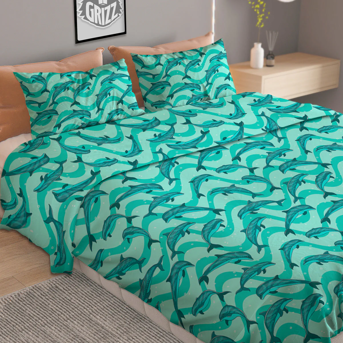 Dolphins In The Ocean Cute Print Pattern Duvet Cover Bedding Set - Image 2