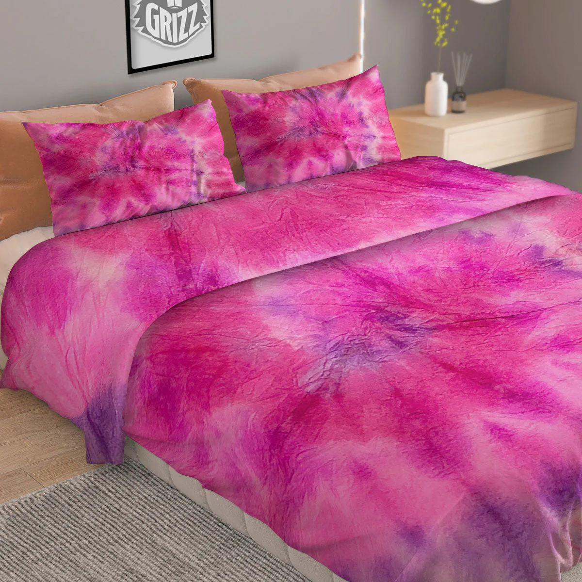 Double Pink Tie Dye Print Duvet Cover Bedding Set - Image 2