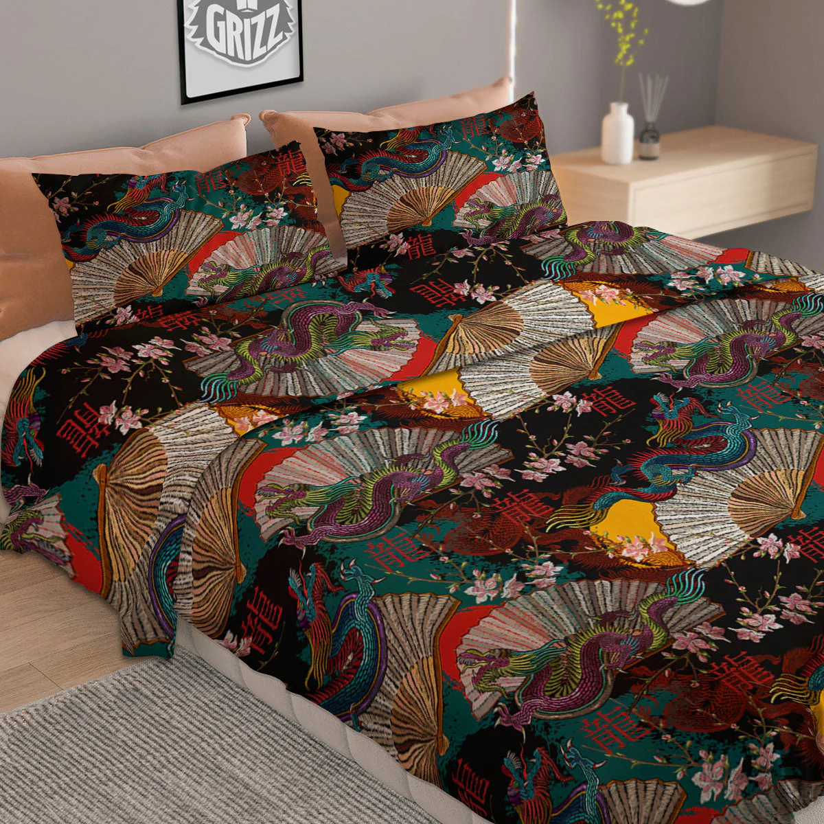Dragon Embroidery Chinese Print Pattern Duvet Cover Bedding Set - Image 2