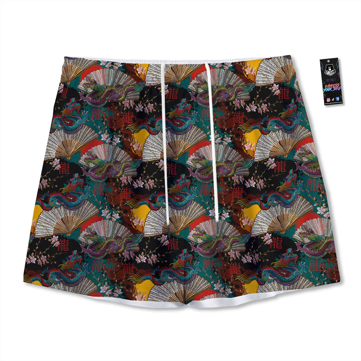 Dragon Embroidery Chinese Print Pattern Mesh Shorts