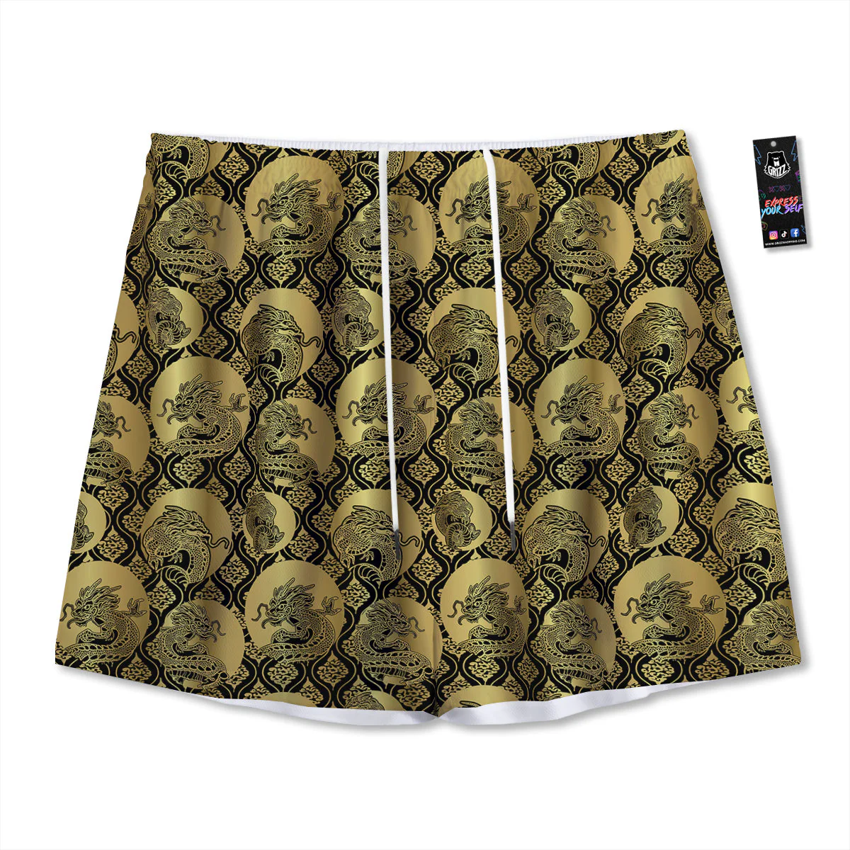 Dragon Gold And Black Print Pattern Mesh Shorts