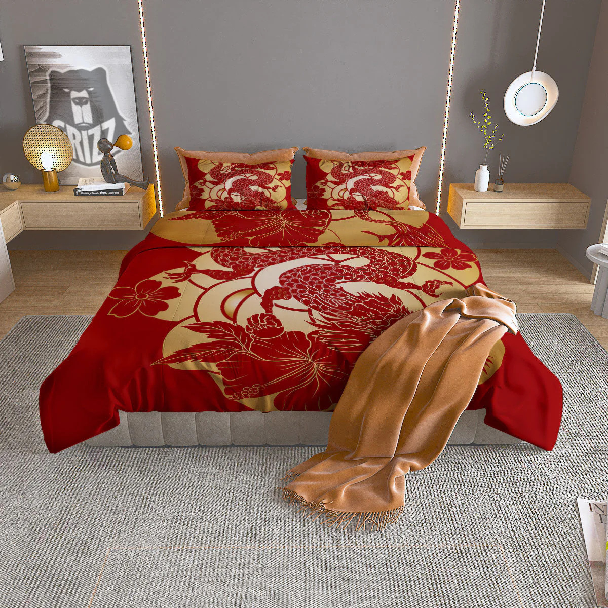 Dragon Tattoo Red Japanese Print Duvet Cover Bedding Set