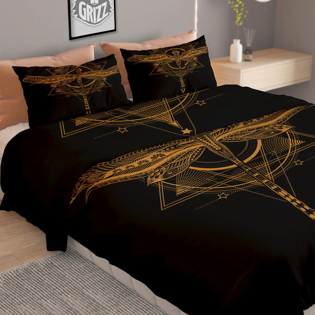 Dragonfly Boho Gold Print Duvet Cover Bedding Set - Image 2
