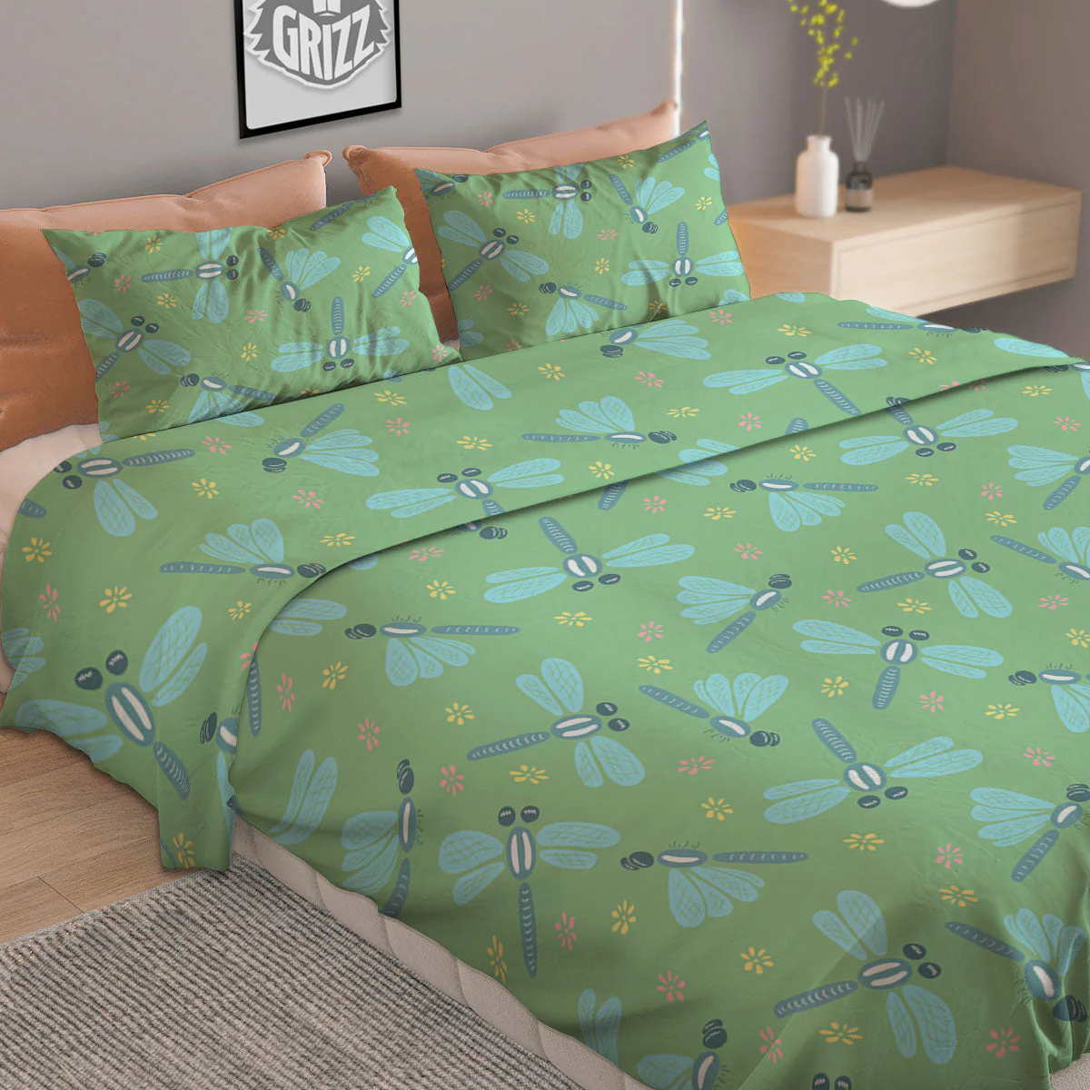 Dragonfly Green Print Pattern Duvet Cover Bedding Set - Image 2