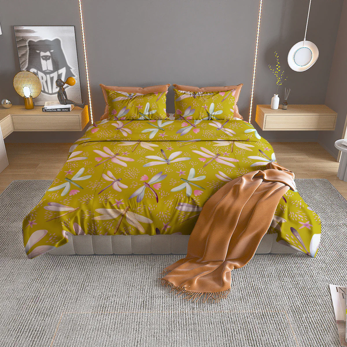 Dragonfly Yellow Watercolor Print Pattern Duvet Cover Bedding Set