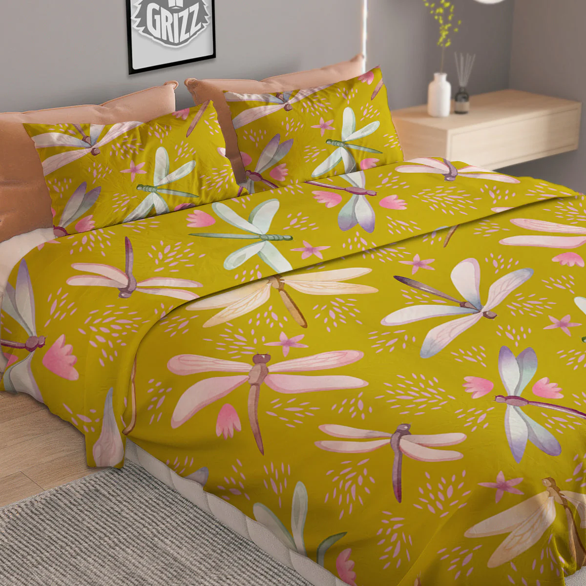 Dragonfly Yellow Watercolor Print Pattern Duvet Cover Bedding Set - Image 2