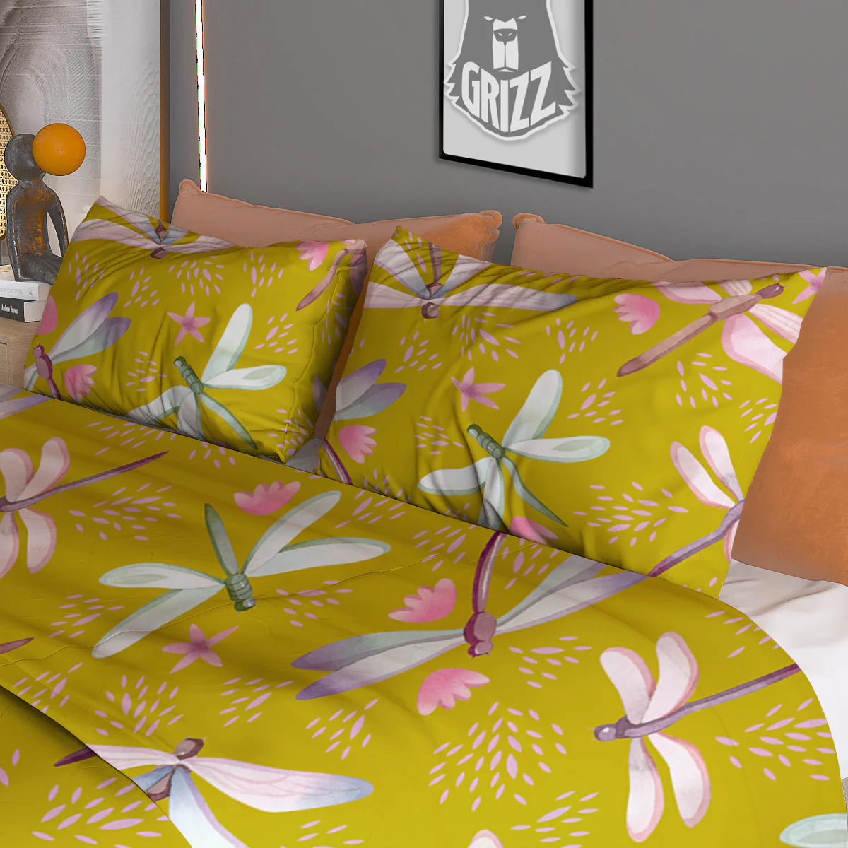 Dragonfly Yellow Watercolor Print Pattern Duvet Cover Bedding Set - Image 3