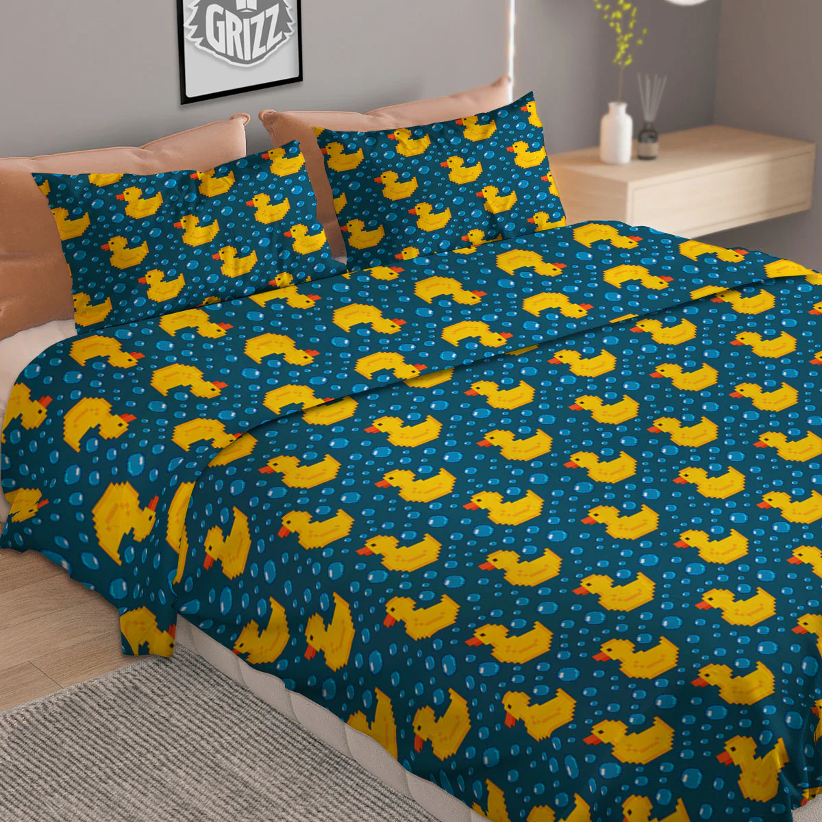 Duck 8-Bit Rubber Print Pattern Duvet Cover Bedding Set - Image 2