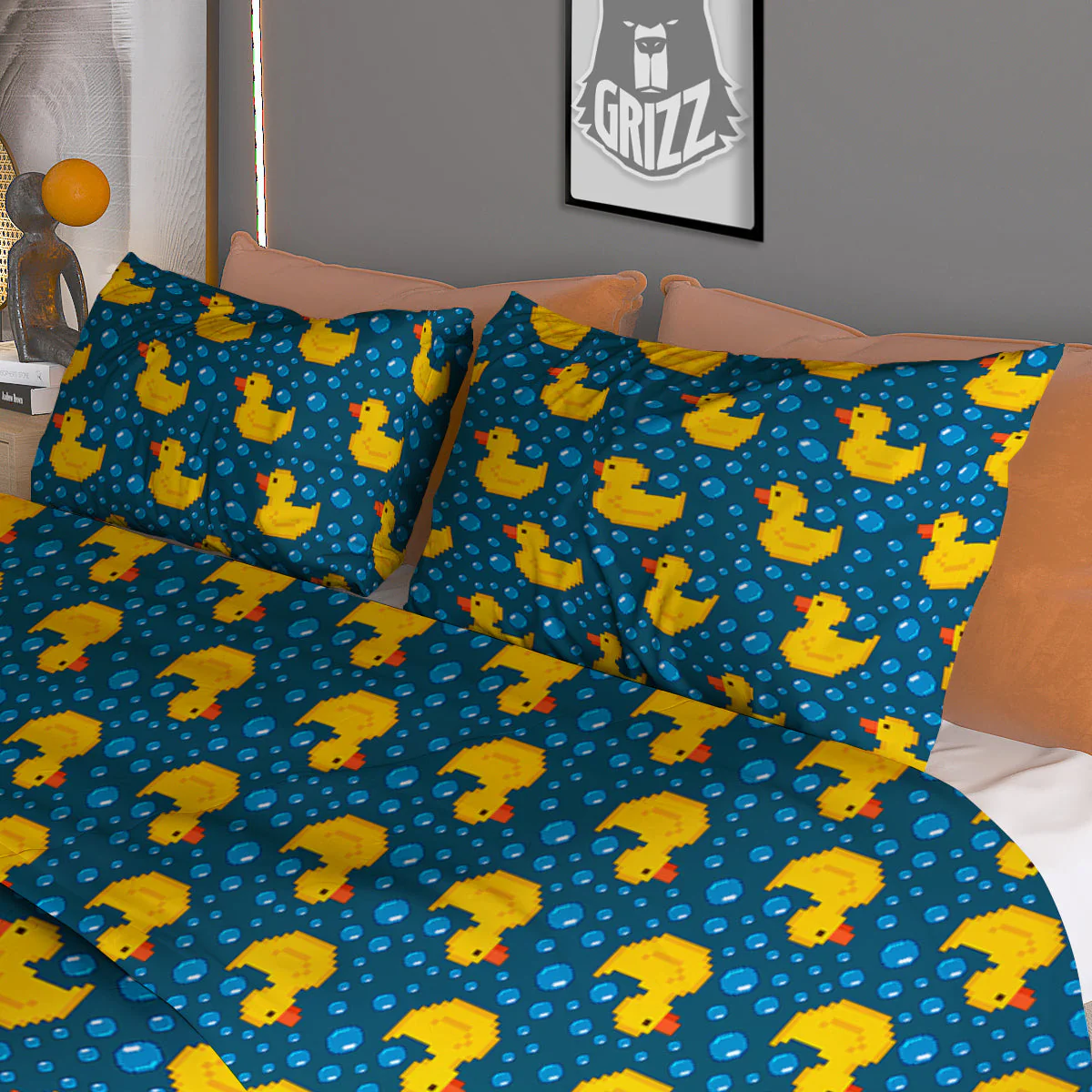 Duck 8-Bit Rubber Print Pattern Duvet Cover Bedding Set - Image 3