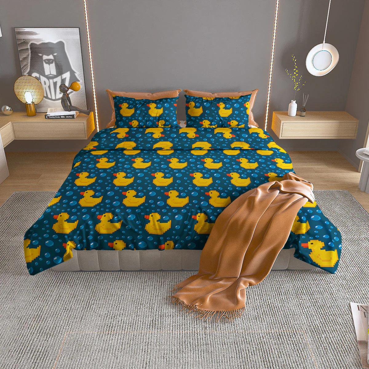Duck Rubber Pixel Print Pattern Duvet Cover Bedding Set