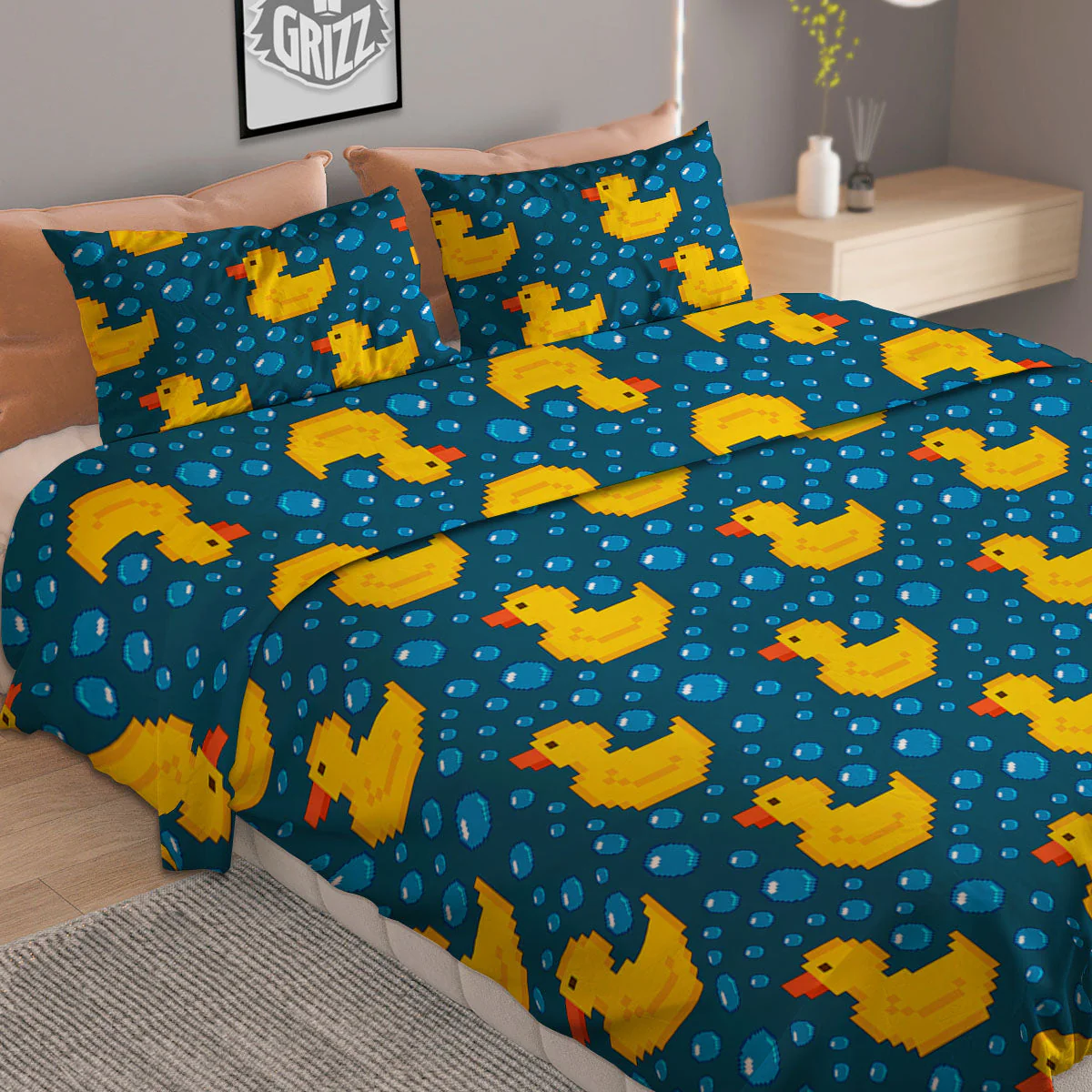 Duck Rubber Pixel Print Pattern Duvet Cover Bedding Set - Image 2