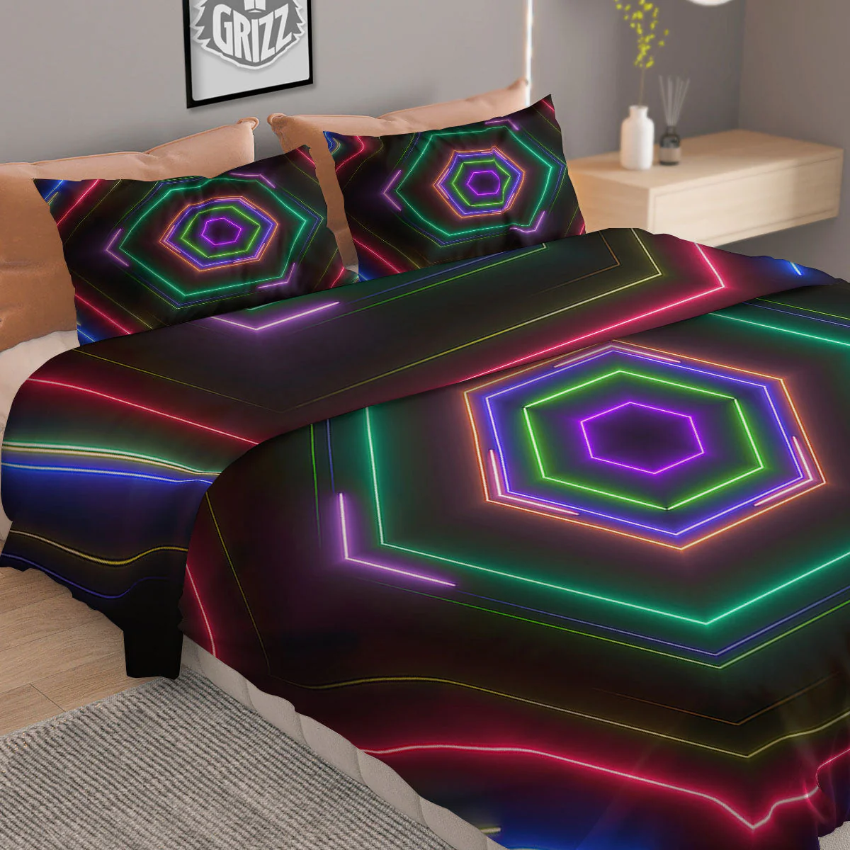 EDM Geometric Green Light Print Duvet Cover Bedding Set - Image 2