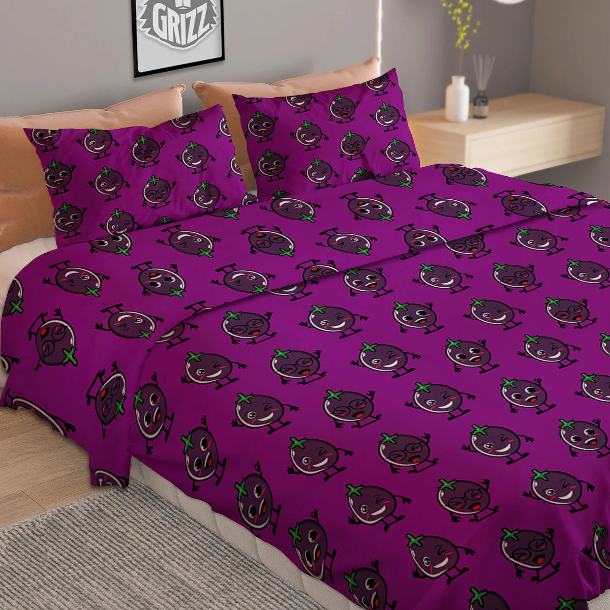 Eggplant Cartoon Print Pattern Duvet Cover Bedding Set - Image 2