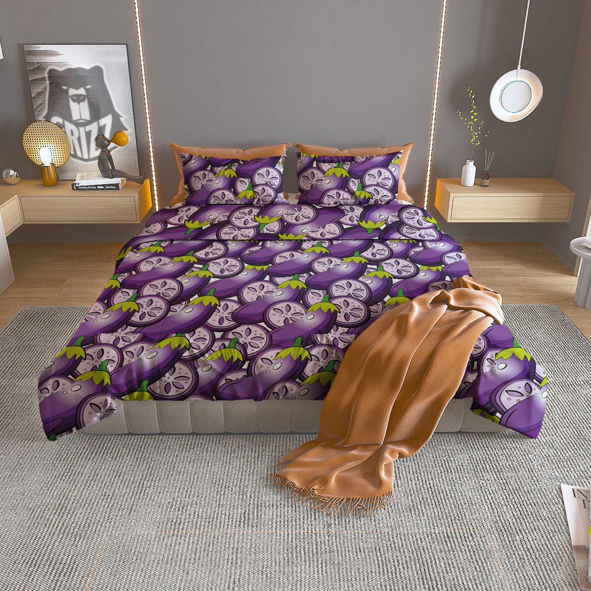 Eggplant Purple Print Pattern Duvet Cover Bedding Set