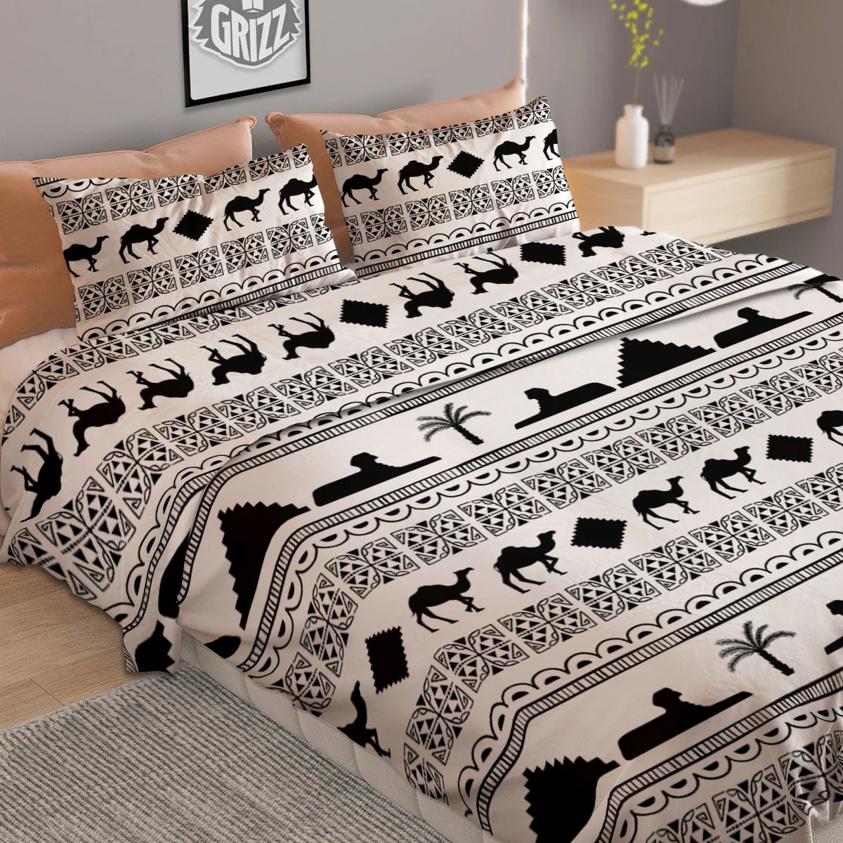 Egyptian White And Black Print Pattern Duvet Cover Bedding Set - Image 2