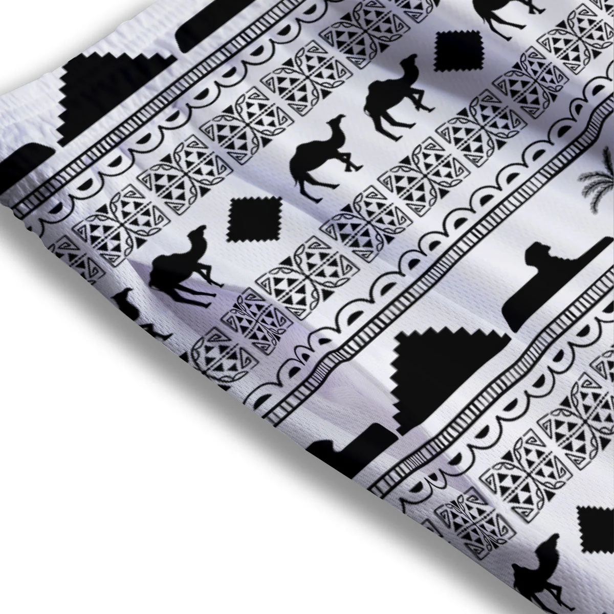 Egyptian White And Black Print Pattern Mesh Shorts - Image 3