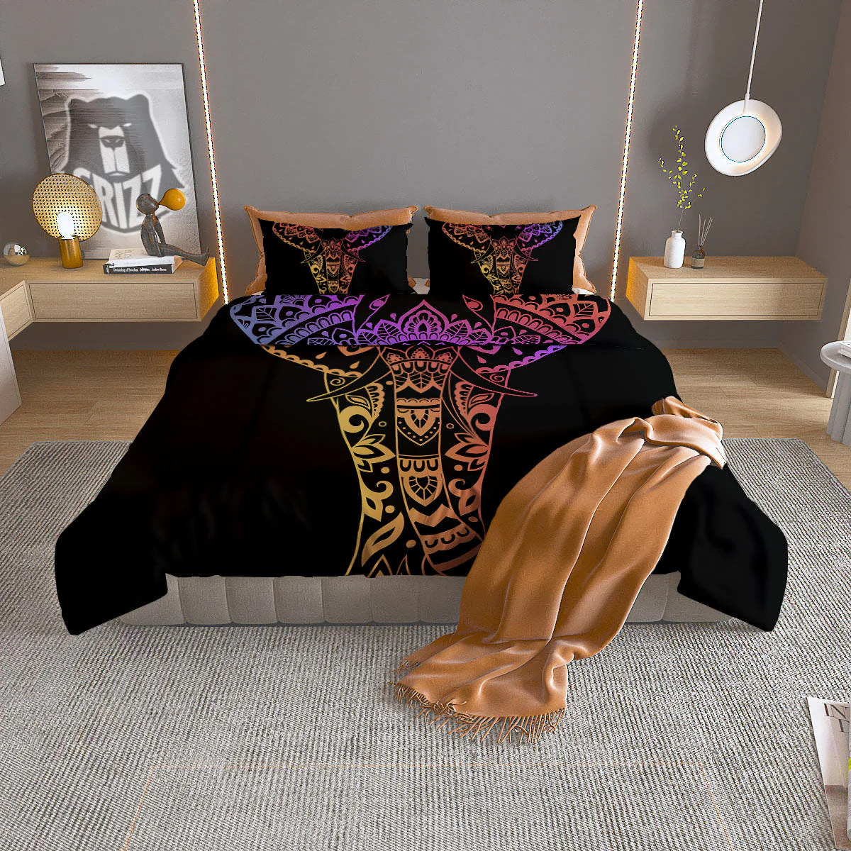 Elephant Black Rainbow Indian Print Duvet Cover Bedding Set