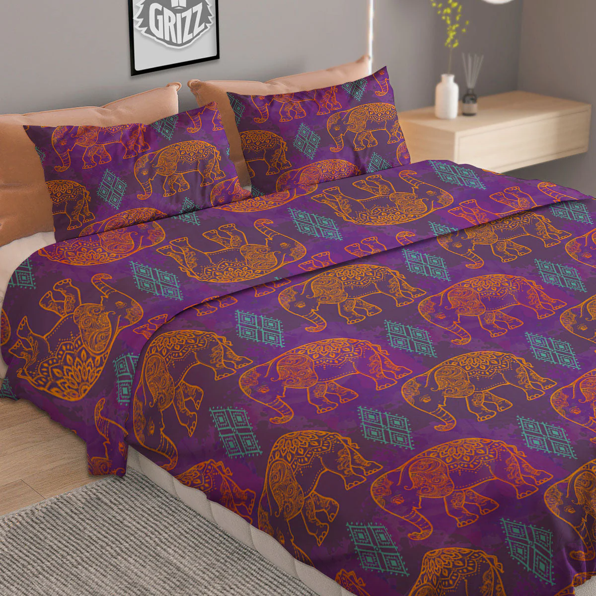 Elephant Indian Boho Print Pattern Duvet Cover Bedding Set - Image 2