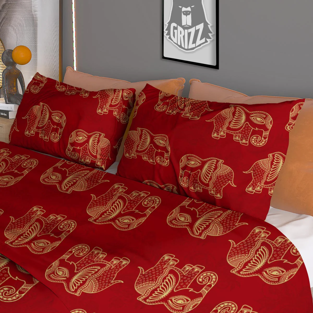 Elephant Red Indian Print Pattern Duvet Cover Bedding Set - Image 3