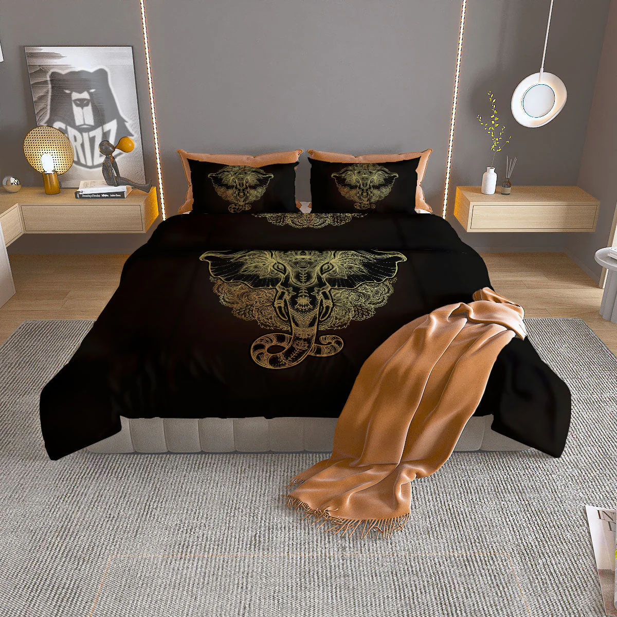 Elephant Spiritual Golden Print Duvet Cover Bedding Set