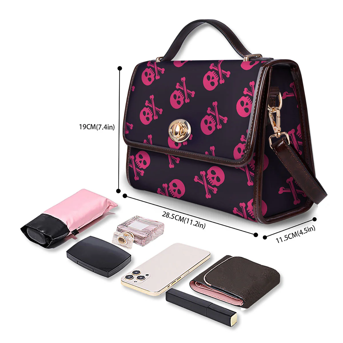 Emo Skull Pink Print Pattern Women's Satchel Bag - Image 4