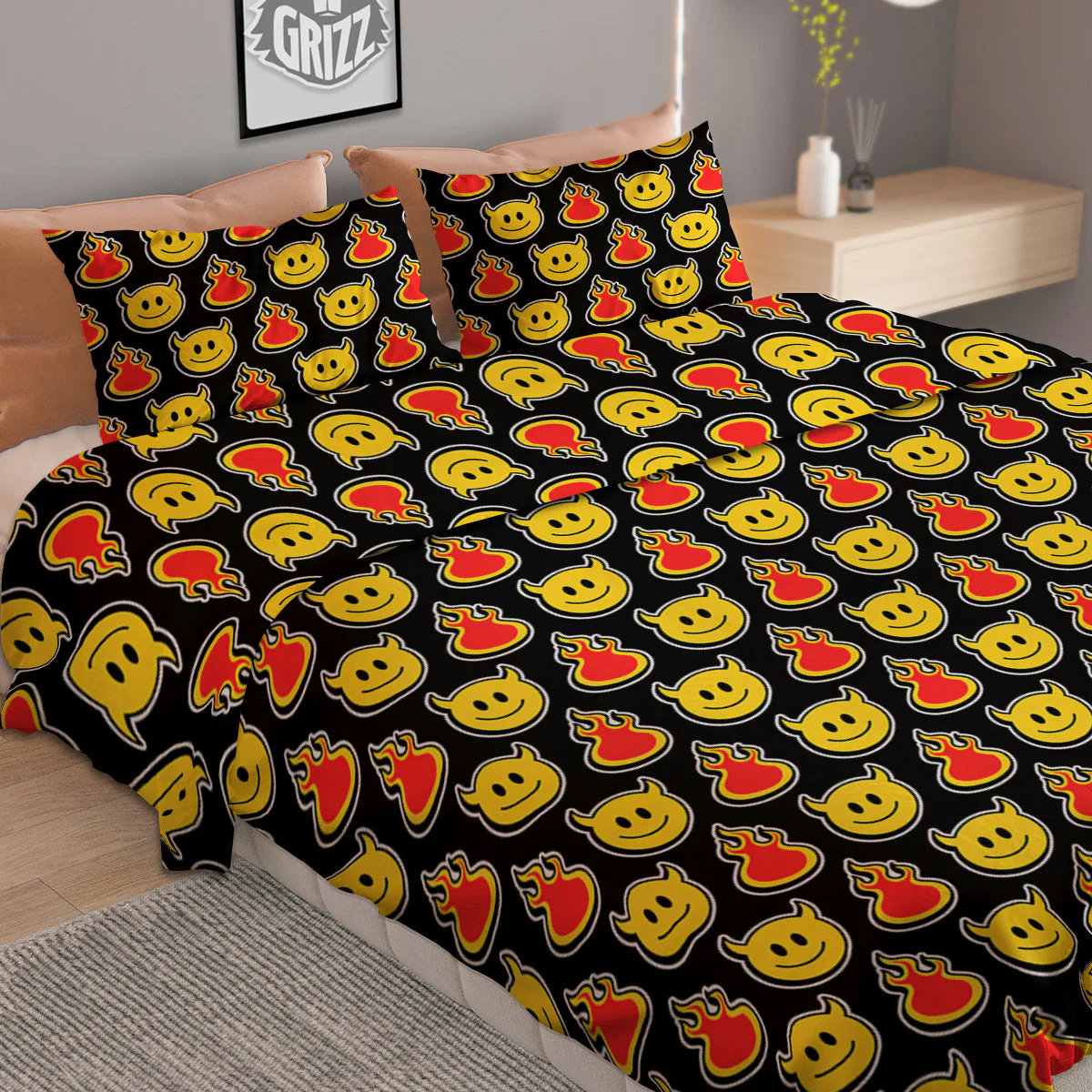 Emoji Fire And Devil Cute Print Pattern Duvet Cover Bedding Set - Image 2