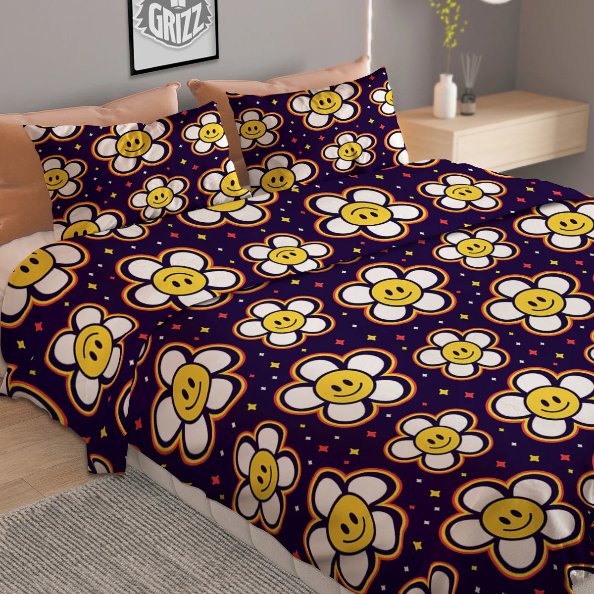 Emoji Flower Smile Print Pattern Duvet Cover Bedding Set - Image 2