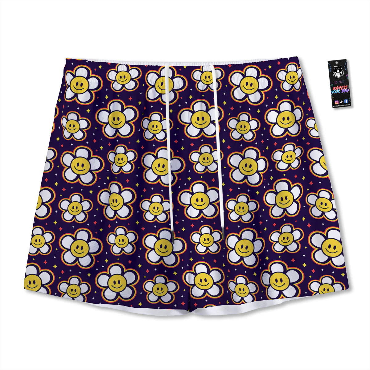 Emoji Flower Smile Print Pattern Mesh Shorts