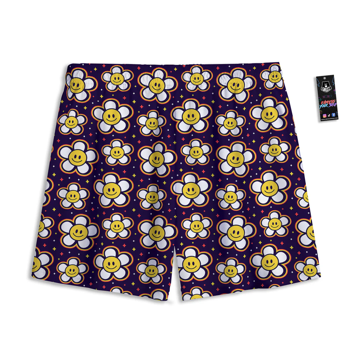 Emoji Flower Smile Print Pattern Mesh Shorts - Image 2
