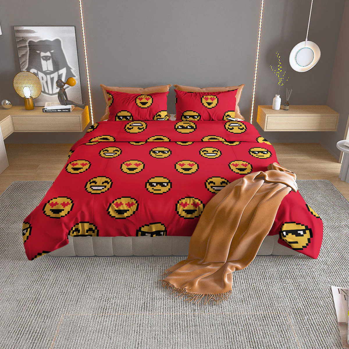 Emoji Pixel Print Pattern Duvet Cover Bedding Set