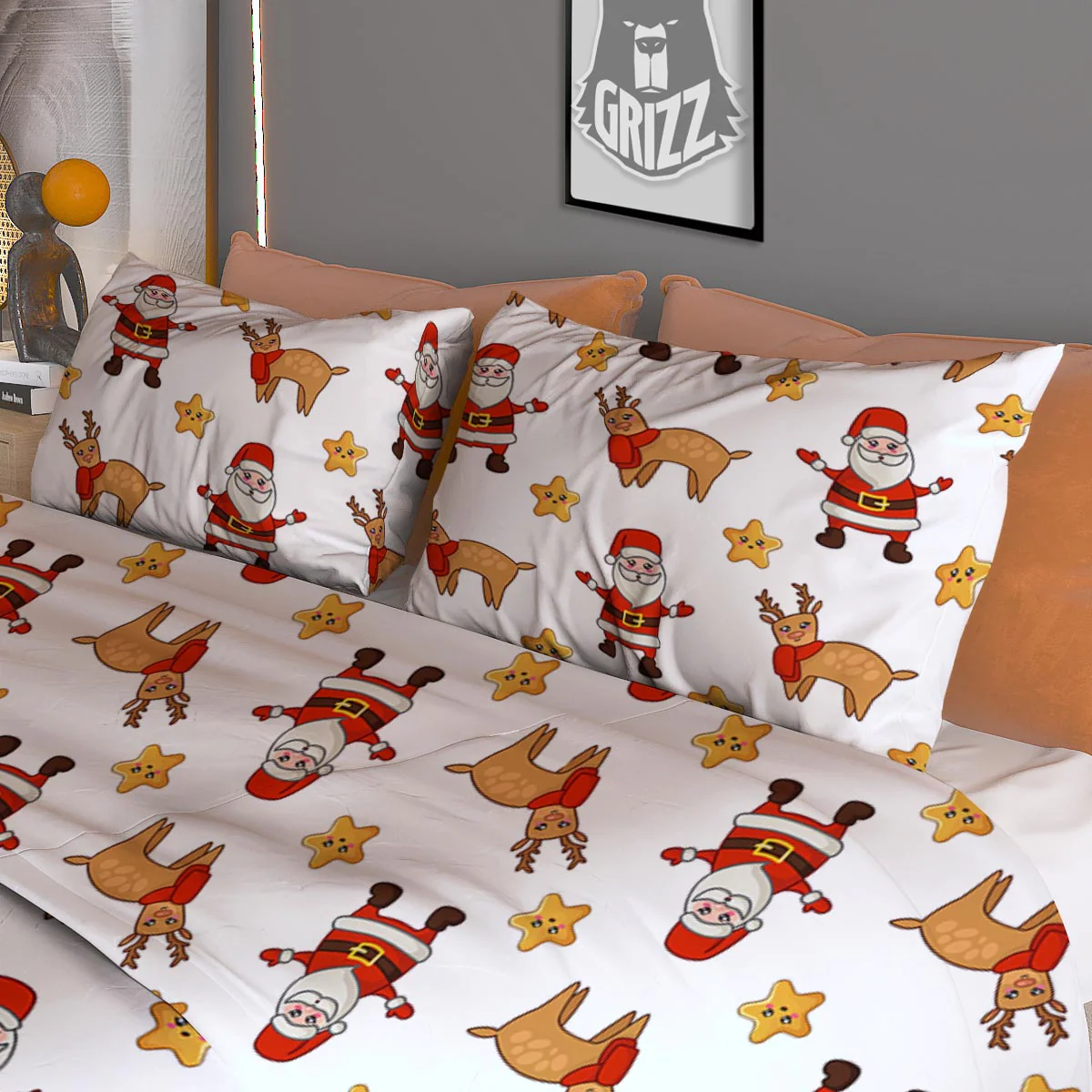 Emoji Reindeer And Santa Claus Print Pattern Duvet Cover Bedding Set - Image 3