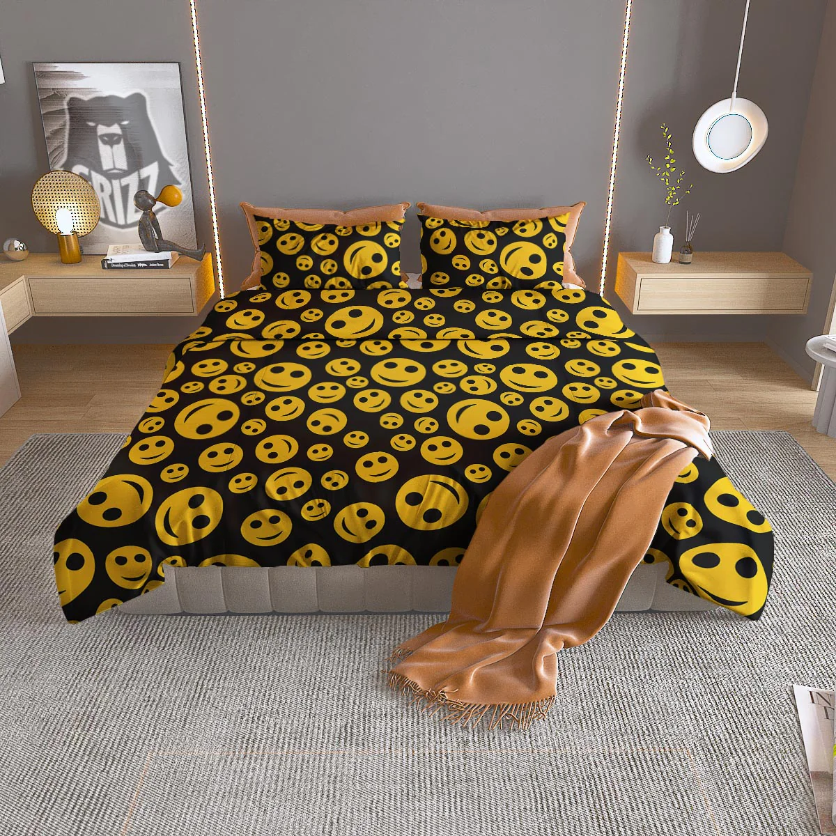 Emoji Smiley Faces Print Pattern Duvet Cover Bedding Set
