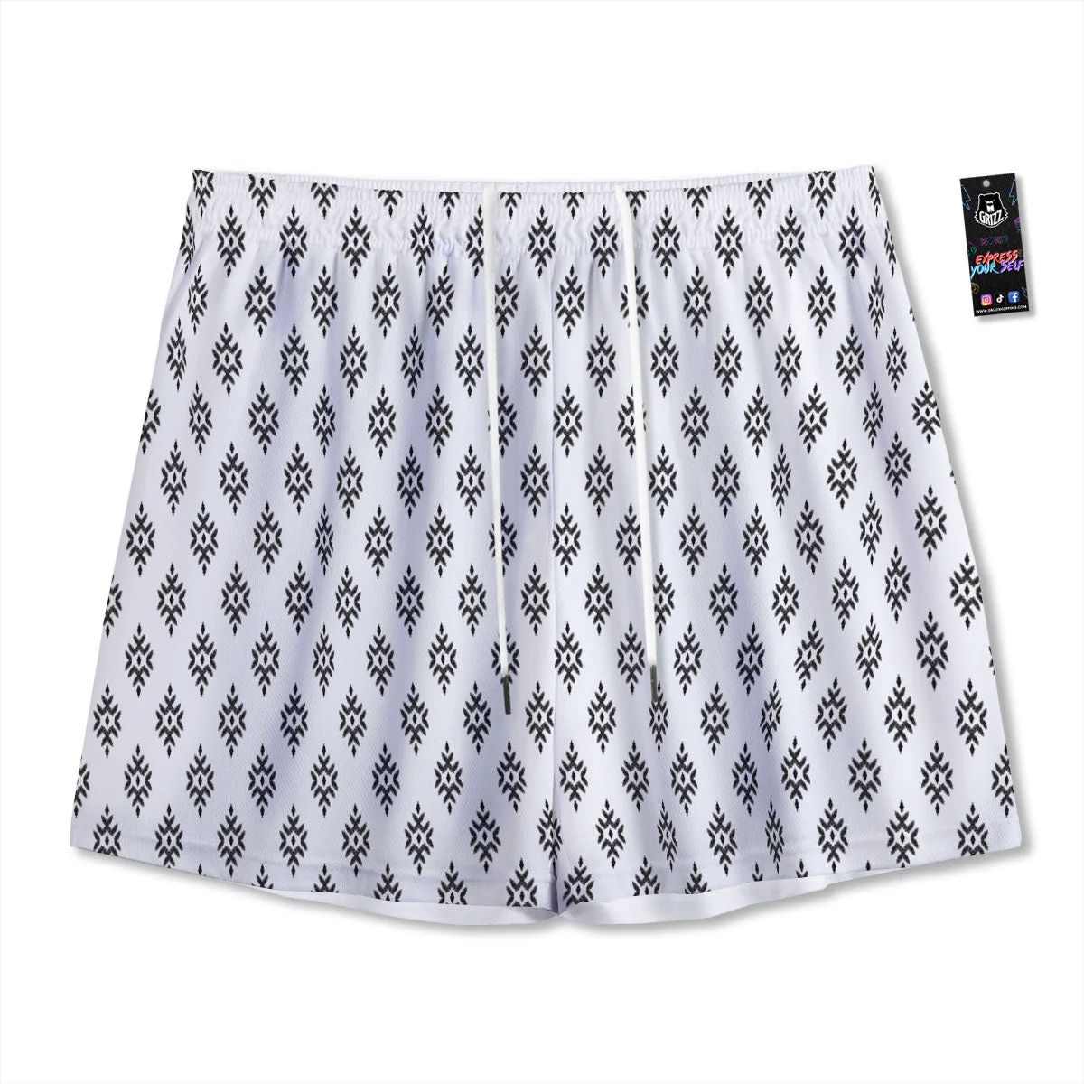 Ethnic Boho White And Black Print Mesh Shorts