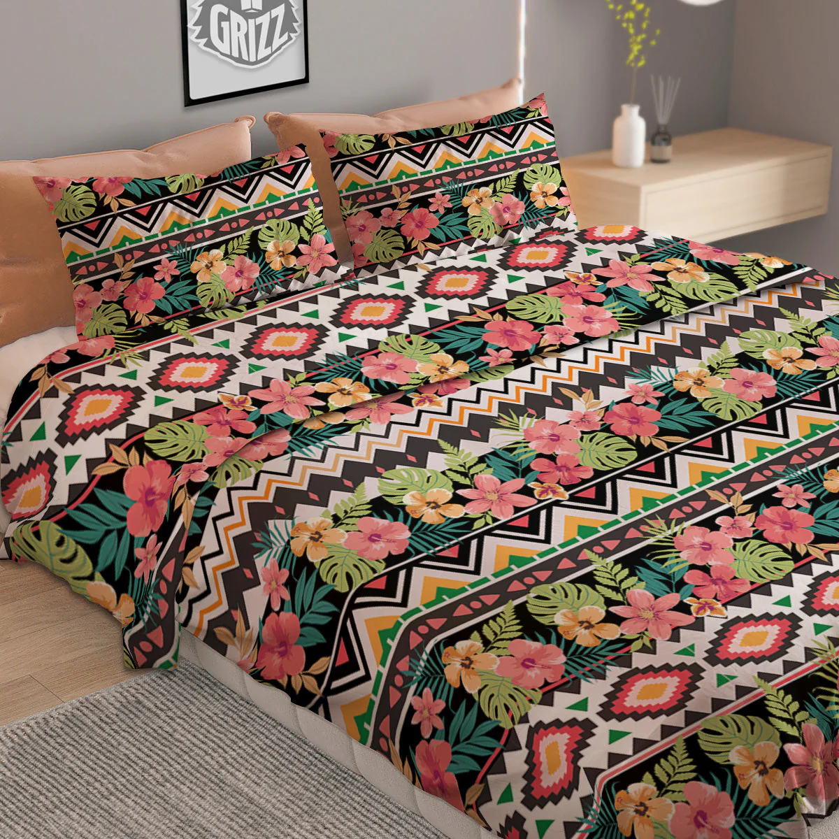 Ethnic Mix Tropical Flower Print Pattern Duvet Cover Bedding Set - Image 2