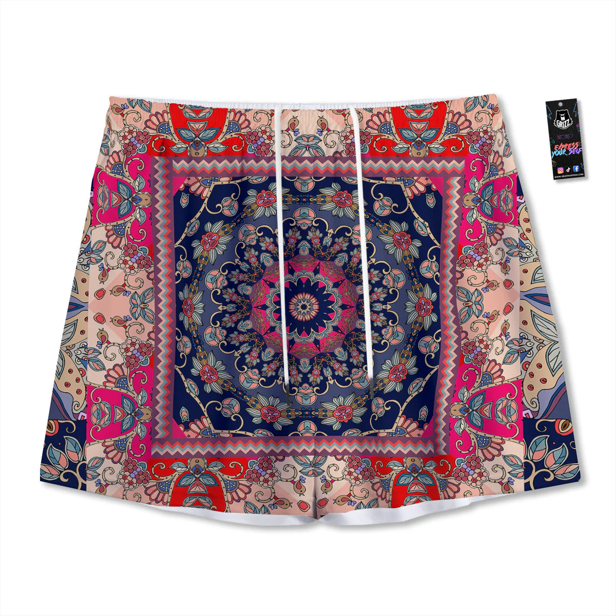 Ethnic Patchwork Square Print Mesh Shorts