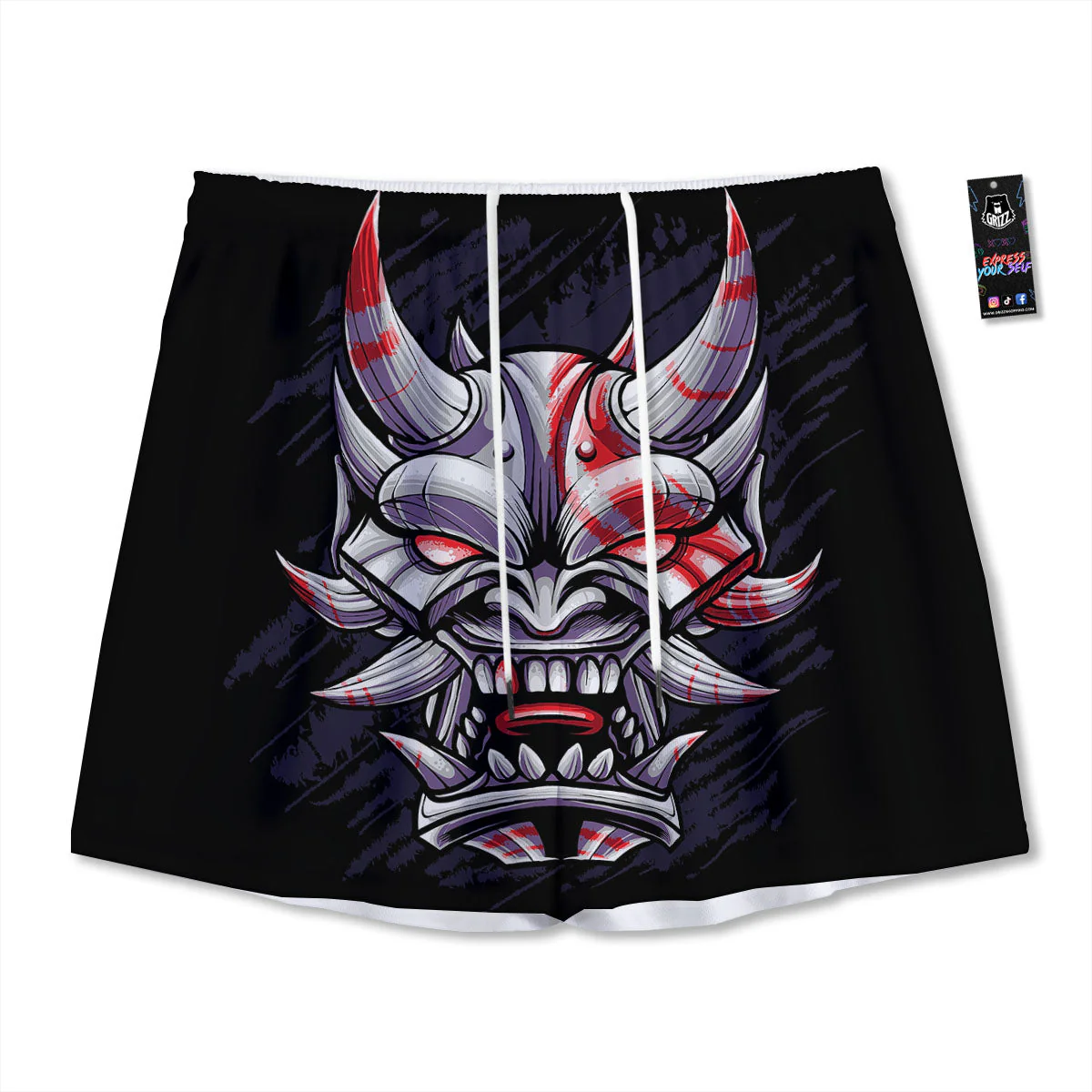 Evil Samurai Mask Print Mesh Shorts