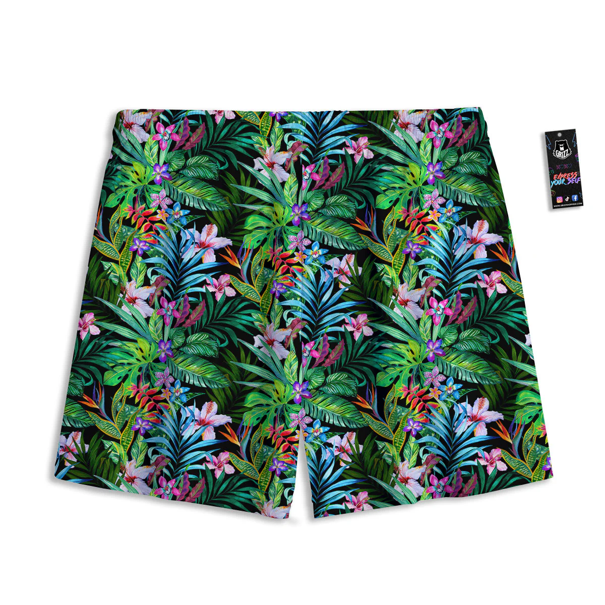 Exotic Hibiscus And Palm Print Pattern Mesh Shorts - Image 2