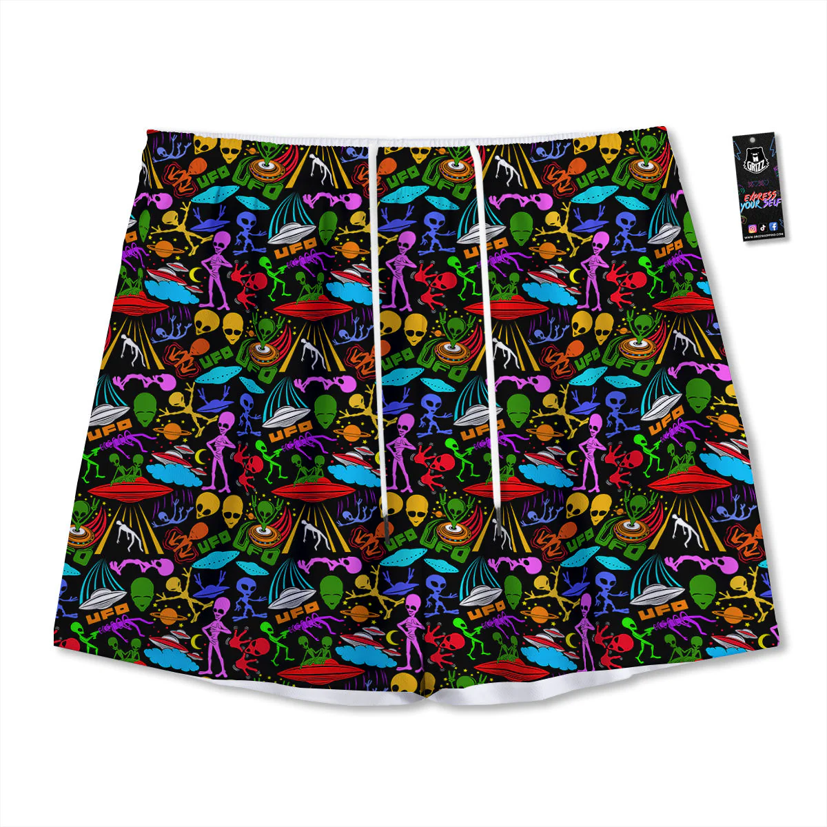 Extraterrestrial Aliens Colorful Print Pattern Mesh Shorts